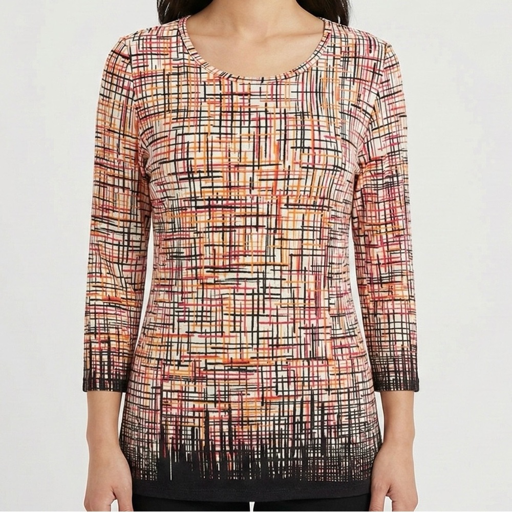 Investments Essentials 3/4 Sleeve Tunic Top Abstract Plaid Rayon Stretch S EUC